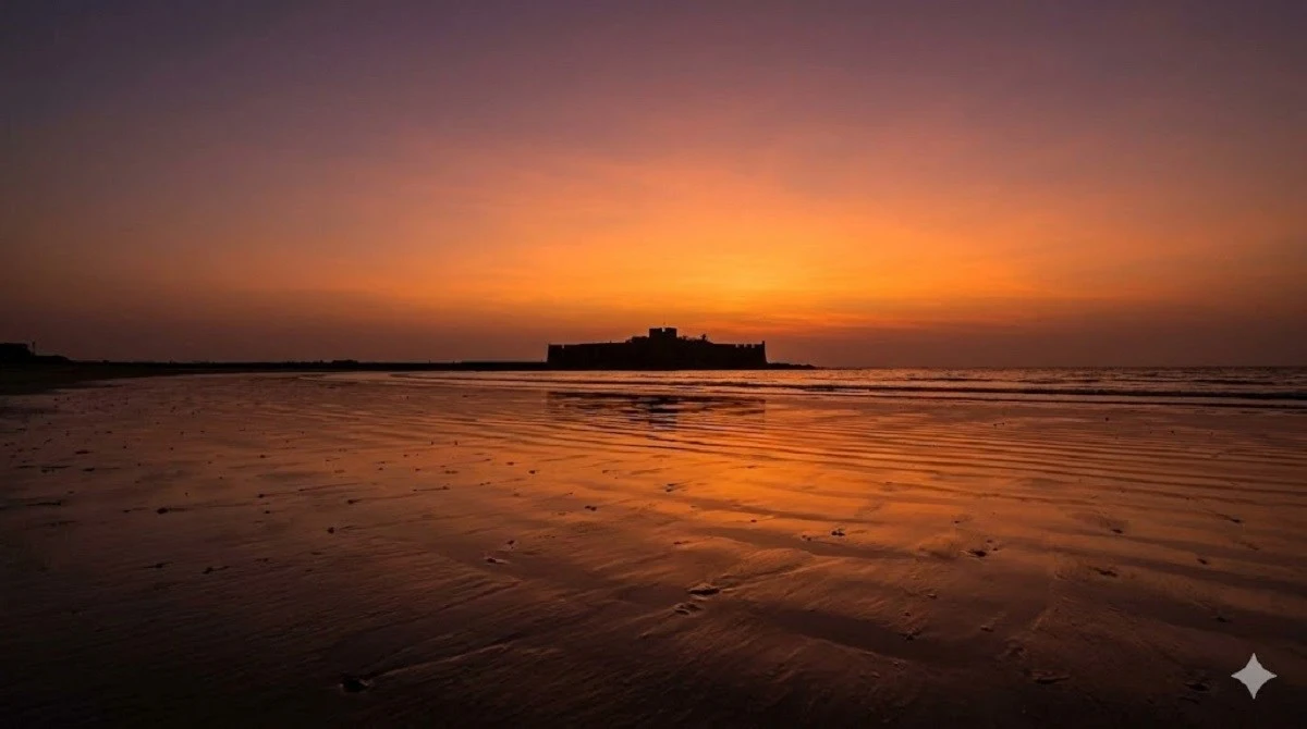Evening light over Alibaug Beach representing the most recognizable urban beach stop for town-based visitors
