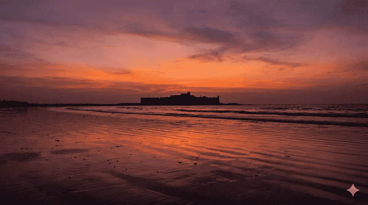Soft sunset over a quieter beach in Alibaug used to support discover-friendly coastal content with strong visual appeal