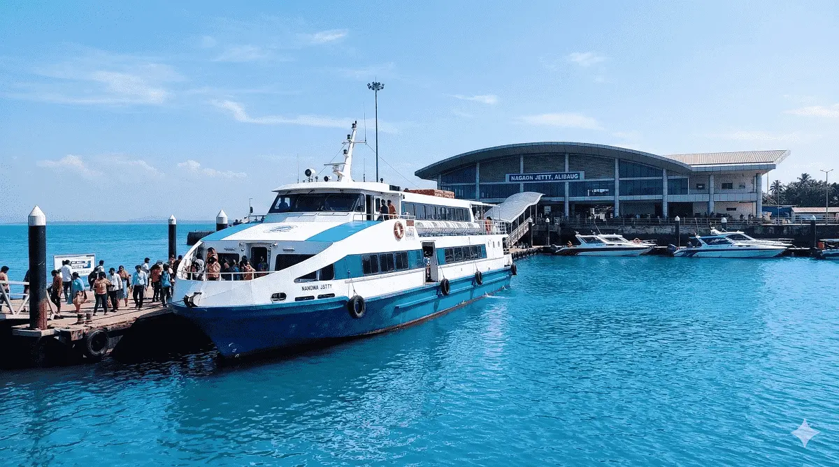 Mandwa jetty ferry arrival scene showing the most recognizable marine access point for travelers coming from Mumbai to Alibaug