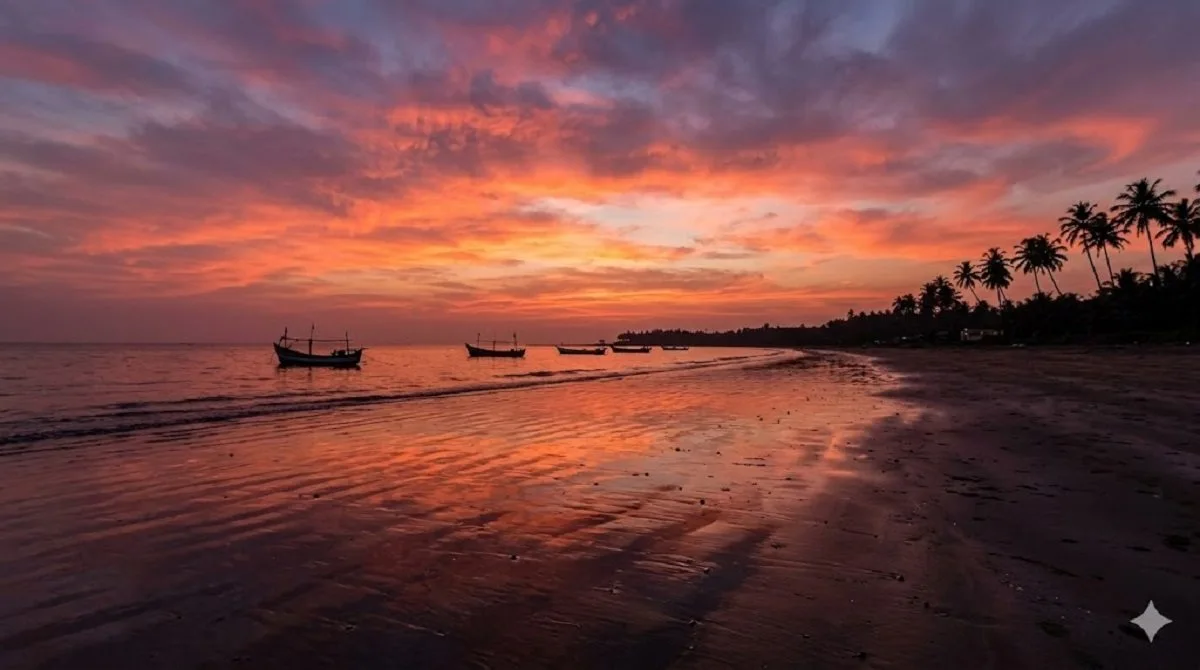 Nagaon Beach at sunset used as the hero image for a two-day Alibaug beach itinerary built around a short coastal weekend