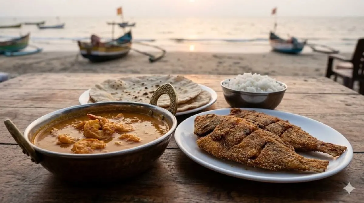 Prawns curry and seafood meal used to represent a classic Alibaug seafood dinner on the first evening of a two-day itinerary