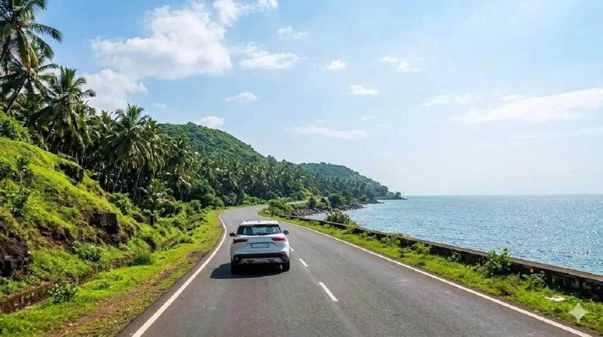 Road approach to the Alibaug coast representing the overland travel route visitors often use before reaching Nagaon Beach